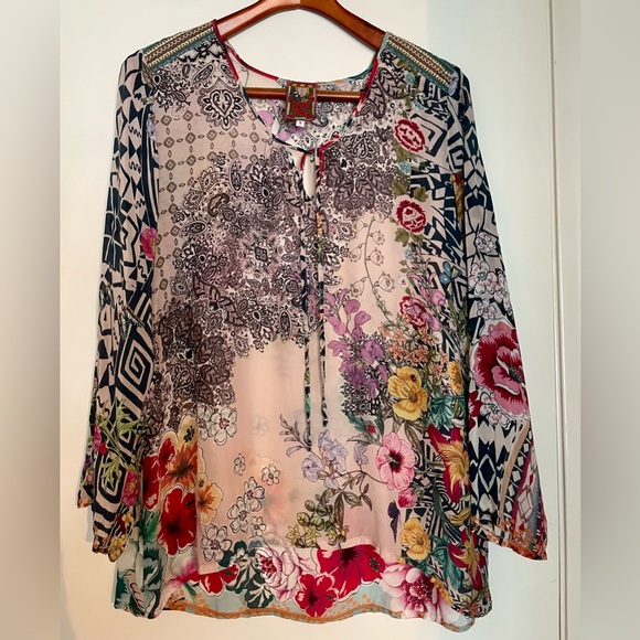 Johnny Was Tops - Johnny Was Floral Mixed Print Top Tunic Tie Split Neck Multi Colors